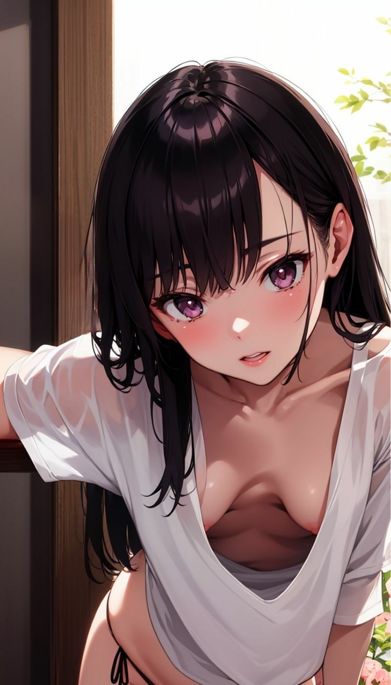 こぼれる乳房と視線の先隙間から覗いたピンクの先 画像1