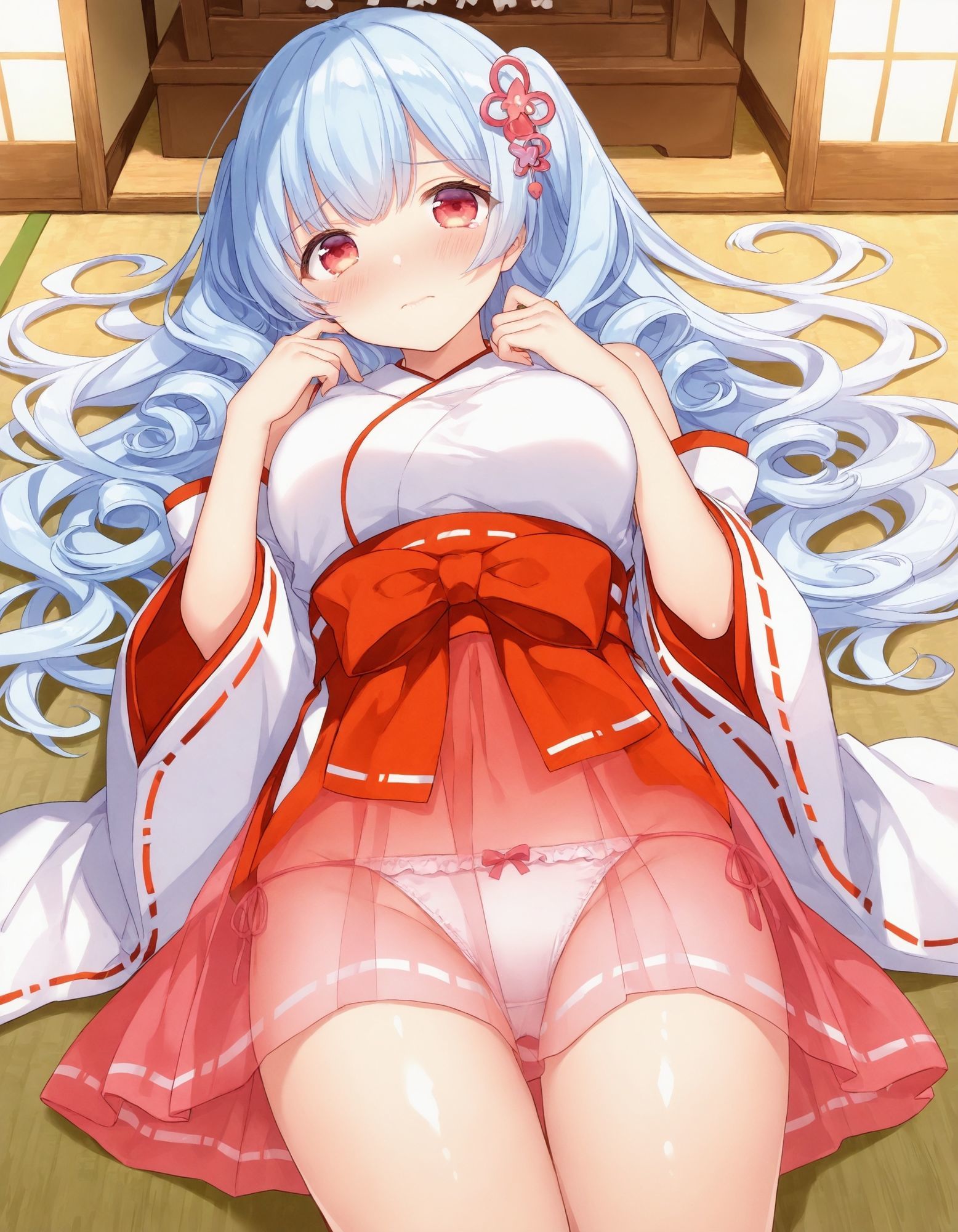 巫女コスで寝そべりパンチラ 画像3