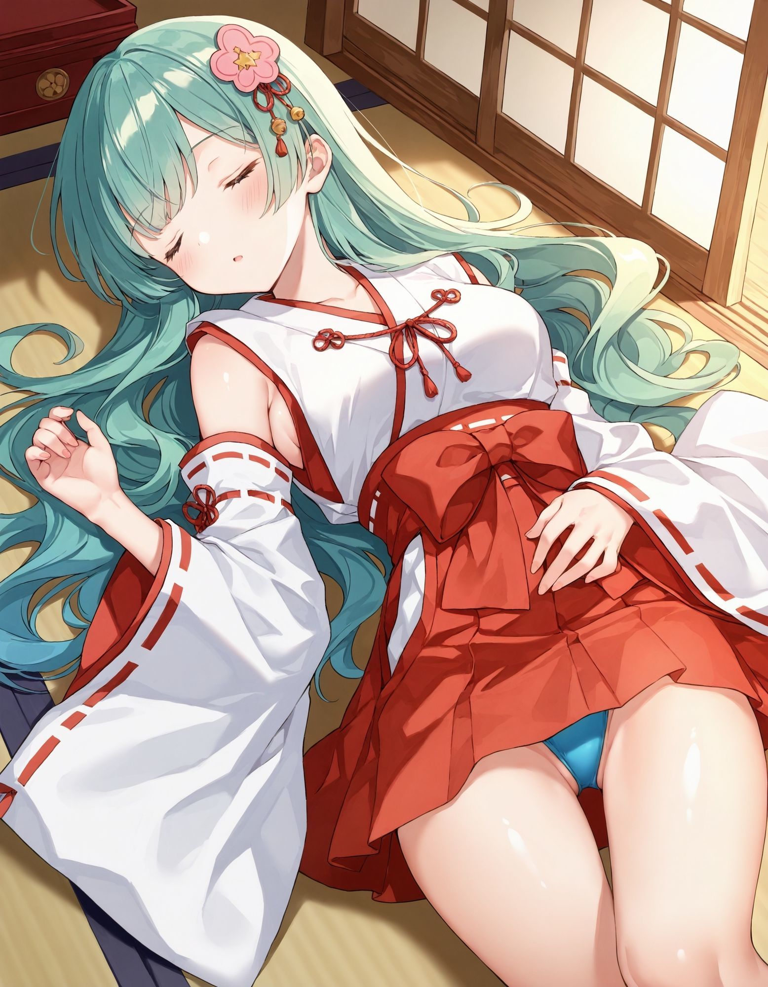 巫女コスで寝そべりパンチラ 画像4