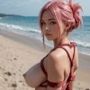 ピンクヘアの美女が水着ではなく縄でビーチへ（セリフなし  AI画像集）