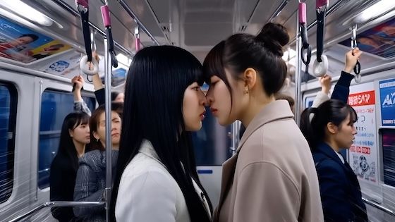 【満員電車2】鼻と鼻を押し付け合って睨み合う本妻と愛人。(キスあり) 画像1