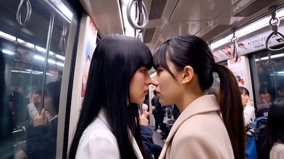 【満員電車2】鼻と鼻を押し付け合って睨み合う本妻と愛人。(キスあり) 画像2