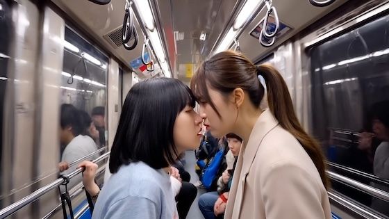 【満員電車2】鼻と鼻を押し付け合って睨み合う本妻と愛人。(キスあり) 画像3
