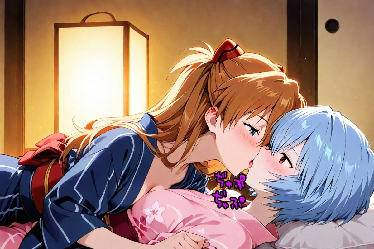 絶頂！ 綾波〇イ＆アスカ・ラ〇グレー レズプレイ浴衣編 キス 舐め クンニ 手マン 69 貝合わせ ペニスバンド 文字入り50枚 合計500枚 画像1