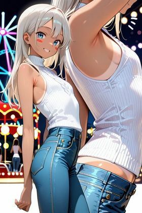 サンプル画像1:黒ギャル火遊びレジャーランド 〜ナイトプールと夜の絶叫肉棒でパンパン三昧〜(フエラムネ出版) [d_661030]