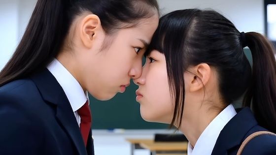 学校で好きな男子を巡って鼻と鼻とくっつけて言い争う女子校生 画像1