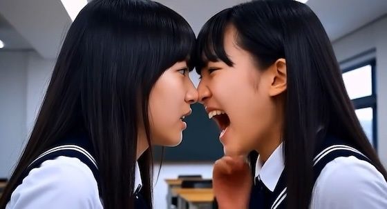 学校で好きな男子を巡って鼻と鼻とくっつけて言い争う女子校生（ヒートアップ編）