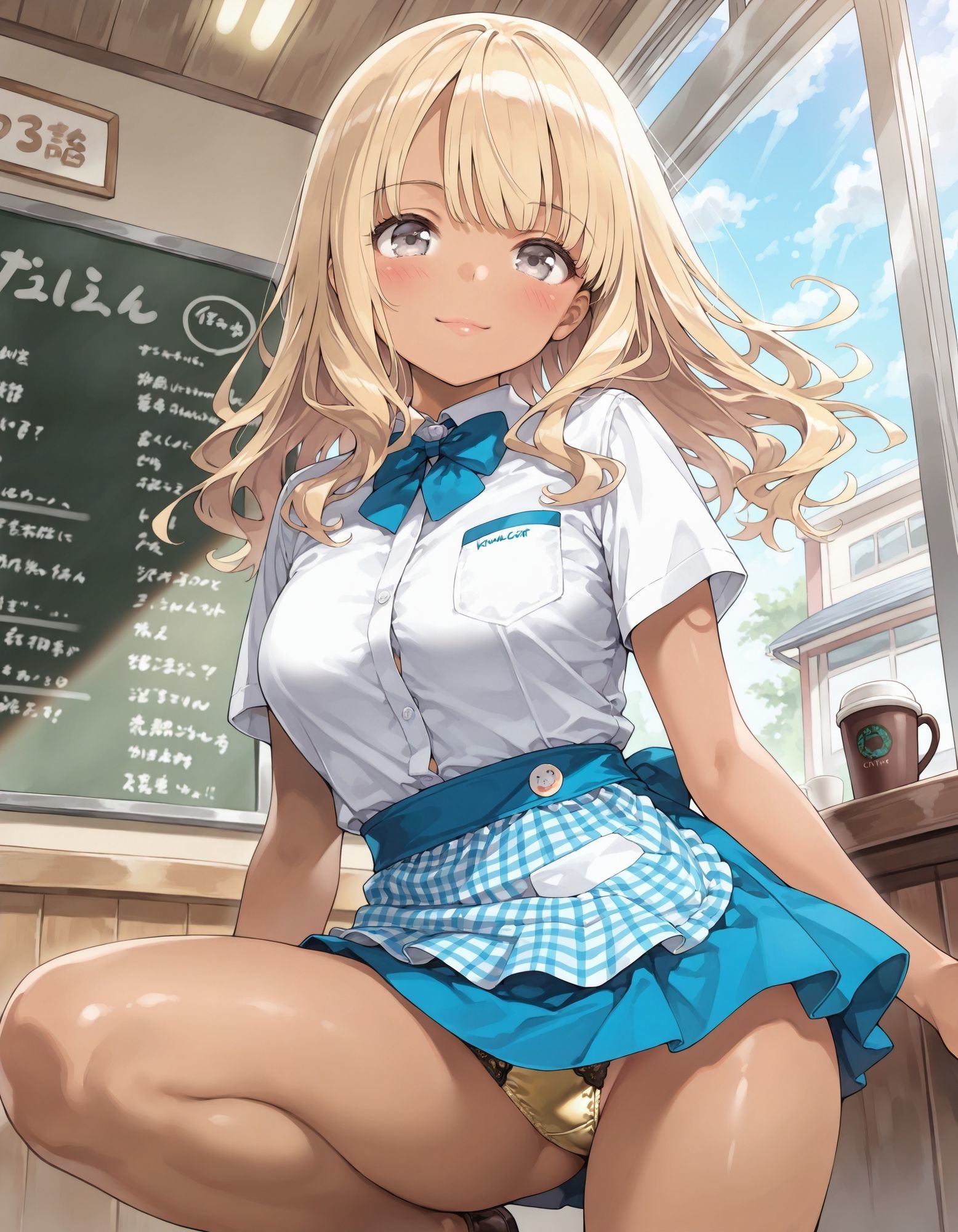 黒ギャルウェイトレスのしゃがみパンチラ 画像1