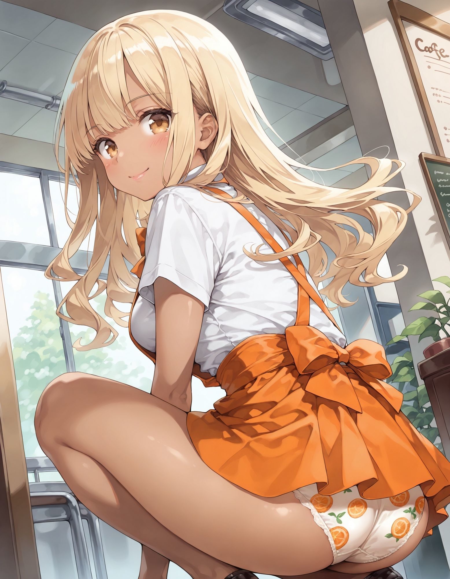 黒ギャルウェイトレスのしゃがみパンチラ 画像4