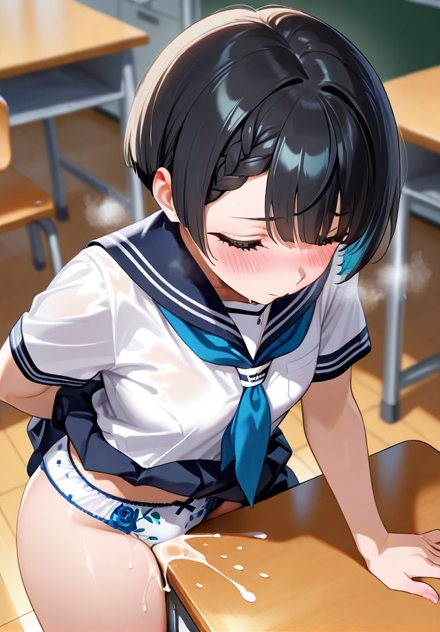 教室で角オナする少女1