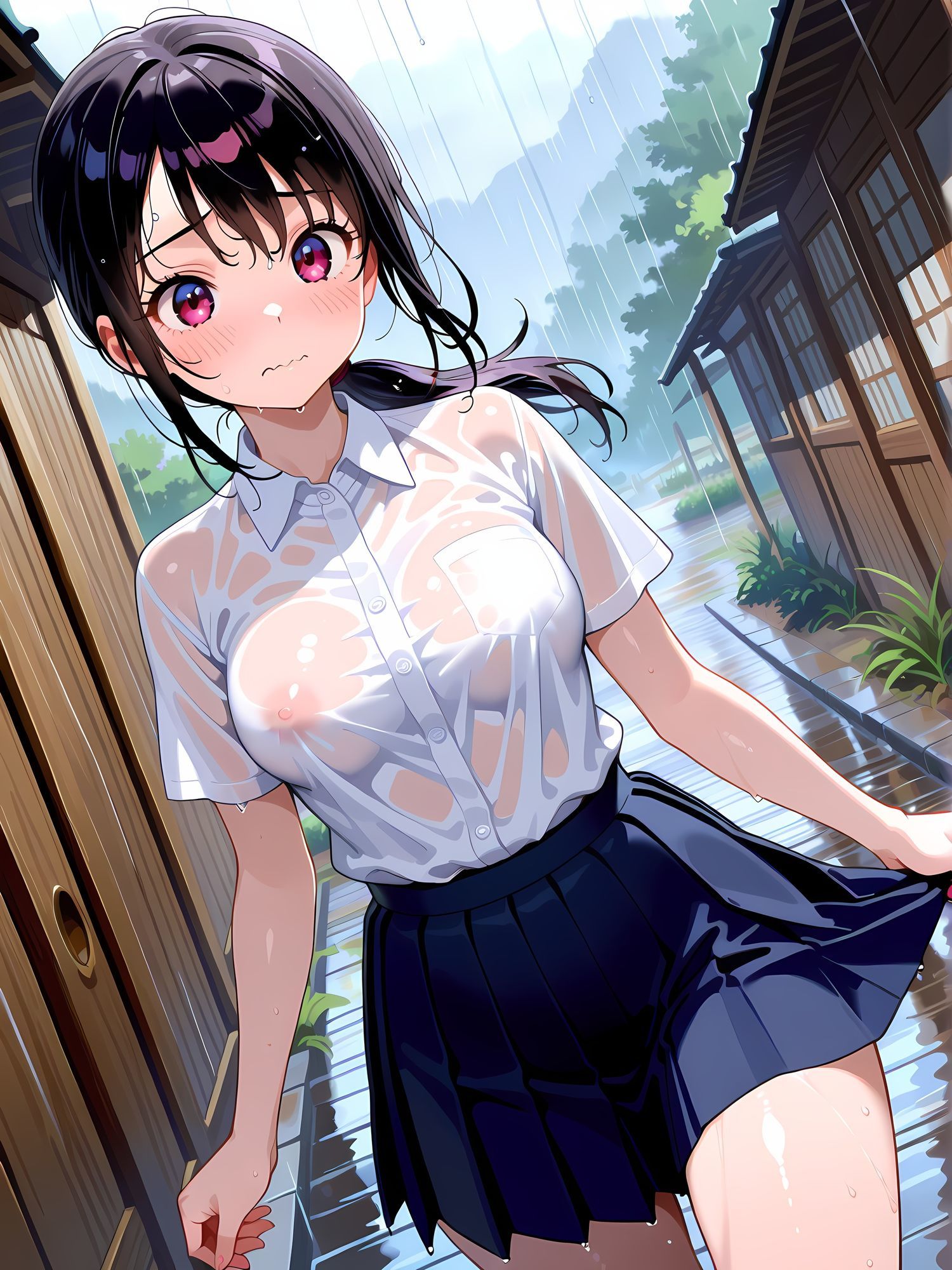 雨の日、田舎、濡れ透け巨乳女子2 画像1