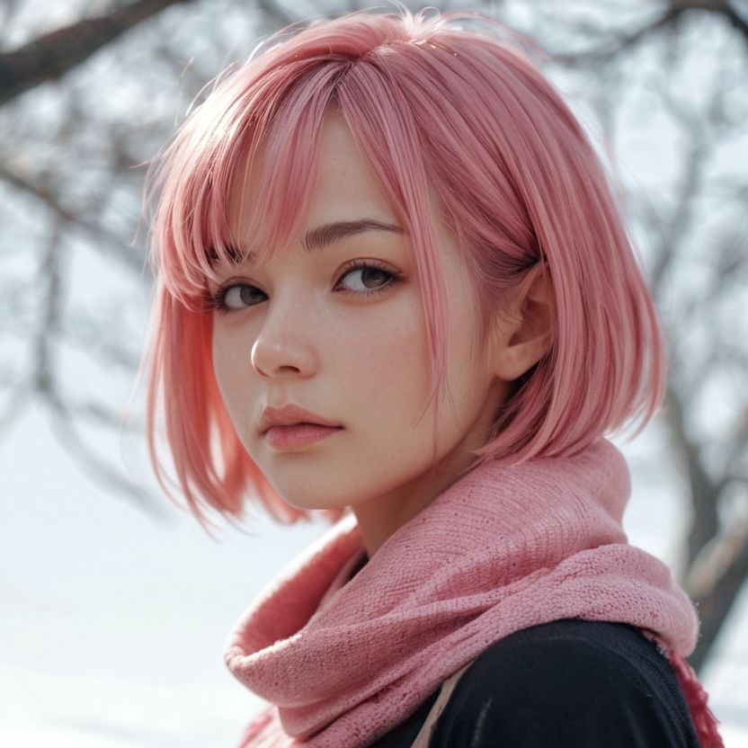 マフラーをしているピンク色のショートヘアの美女（セリフなし  AI画像集） 画像1