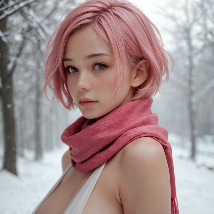 サンプル画像6:マフラーをしているピンク色のショートヘアの美女（セリフなし  AI画像集）(アンリアルパイヤン) [d_676248]