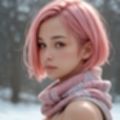 マフラーをしているピンク色のショートヘアの美女（セリフなし  AI画像集）