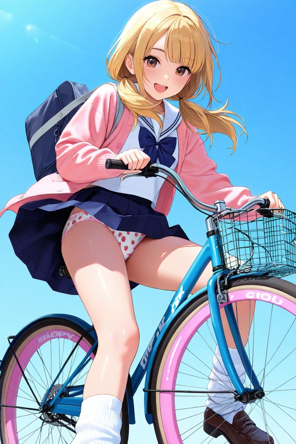ルーズソックスJKの自転車パンチラ 画像1