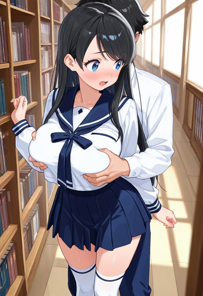 サンプル画像1:黒髪清楚な爆乳女子校生と図書館で秘密のSEX(いちご大福) [d_678891]