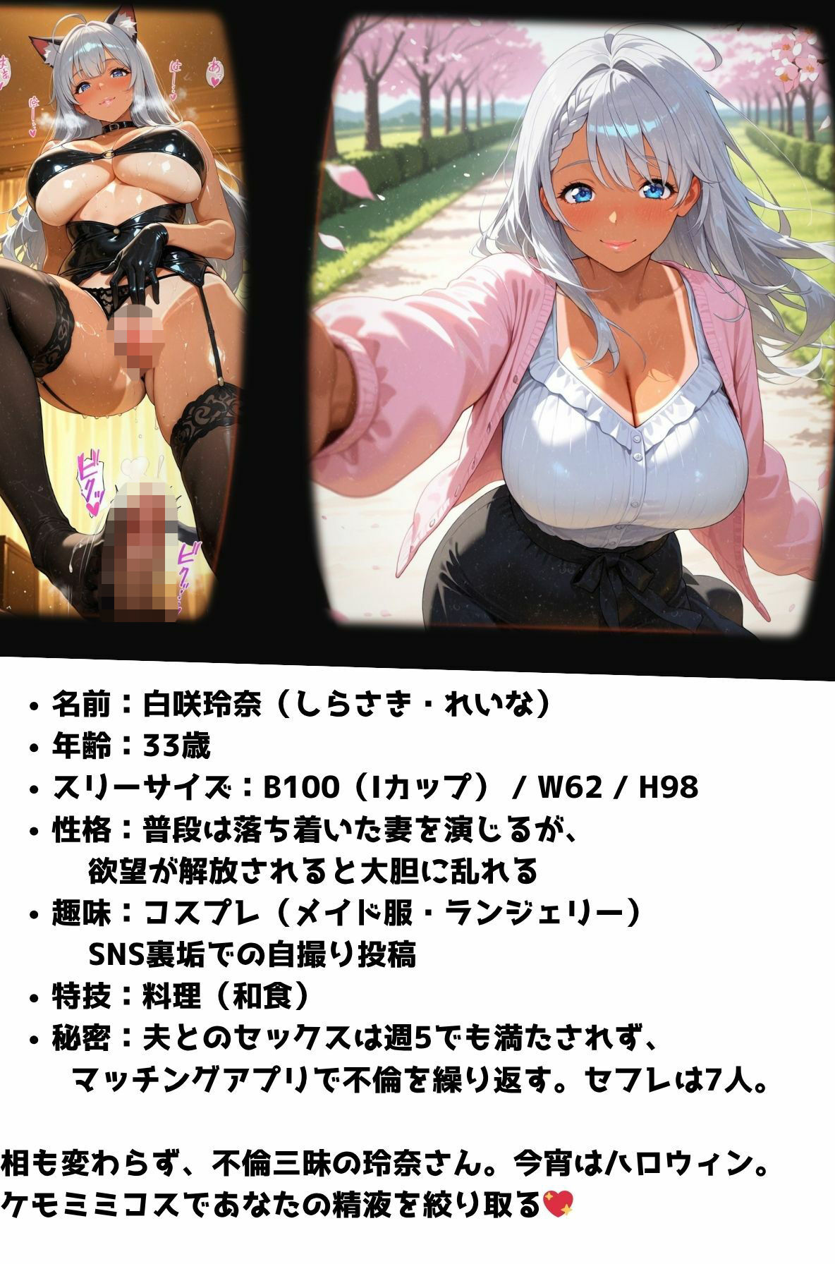 尻×ローアングル重視。夫と週5でも欲求不満。ハロウィンだからケモミミコスで搾り取り!(銀髪日焼け美女 玲奈)1