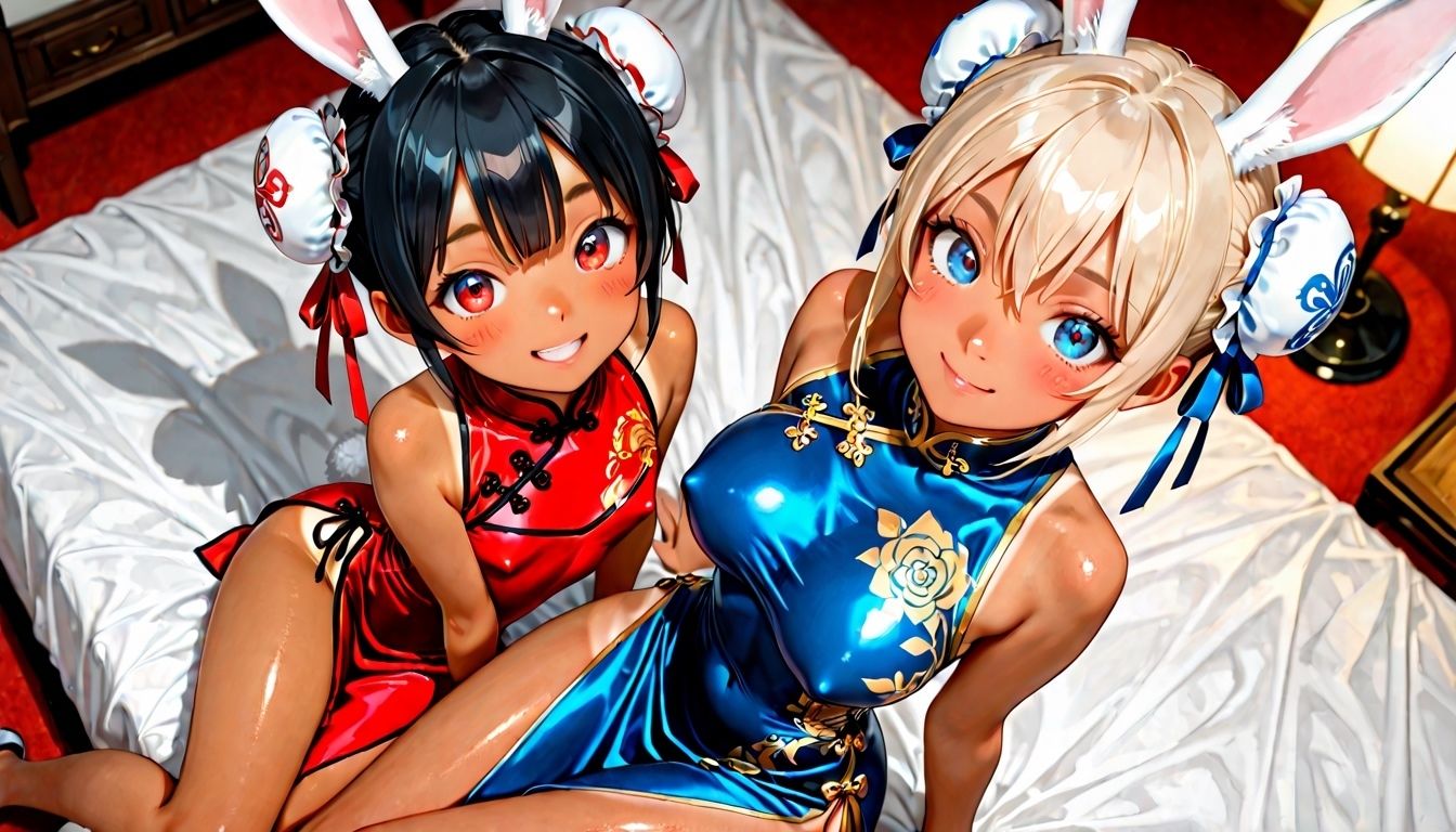 日焼け跡の眩しいうさ耳美少女な義妹と従妹がチャイナドレスで挑発してくる件 画像1