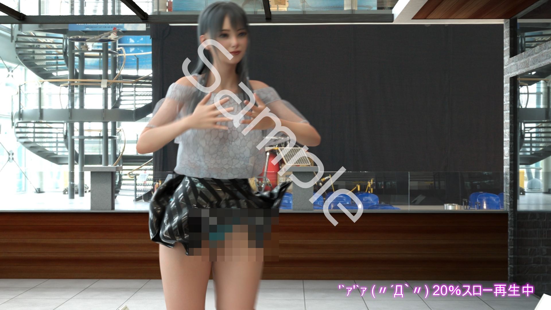 女子アナになった二階堂沙耶・早朝のニュース番組の冒頭でミニスカートでダンスすることを業務命令で強要される:Vol.007『ただの話題作りとのことで電源OFF(のはず)のカメラが4台、ローアングルから彼女のスカート内を覗き込むように設置されている:PV07_水色フルバックパンティで扇風機風チラ』 画像1