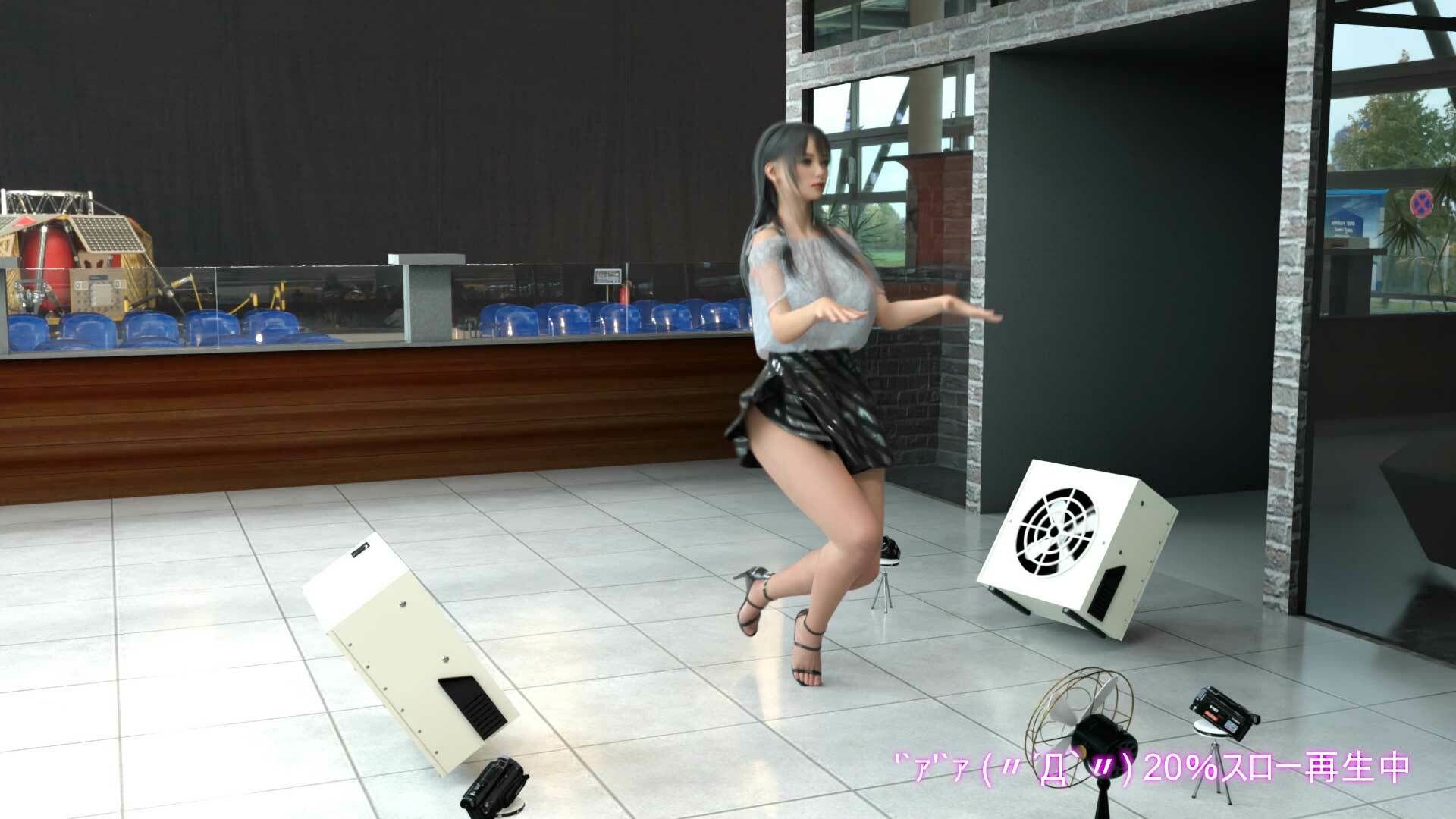 女子アナになった二階堂沙耶・早朝のニュース番組の冒頭でミニスカートでダンスすることを業務命令で強要される・ダンスVer.2:Vol.02『ただの話題作りとのことで電源OFF(のはず)のカメラが4台、ローアングルから彼女のスカート内を覗き込むように設置されている:PV02_黒Tバックパンティで扇風機風チラ』 エロ同人 d_689661 サンプル画像 2