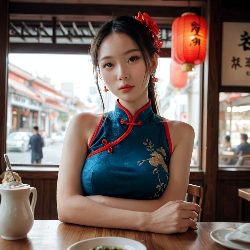 サンプル画像4:チャイナドレス風の美女とカフェに（セリフなし  AI画像集）(アフェアーアモーレ) [d_689804]