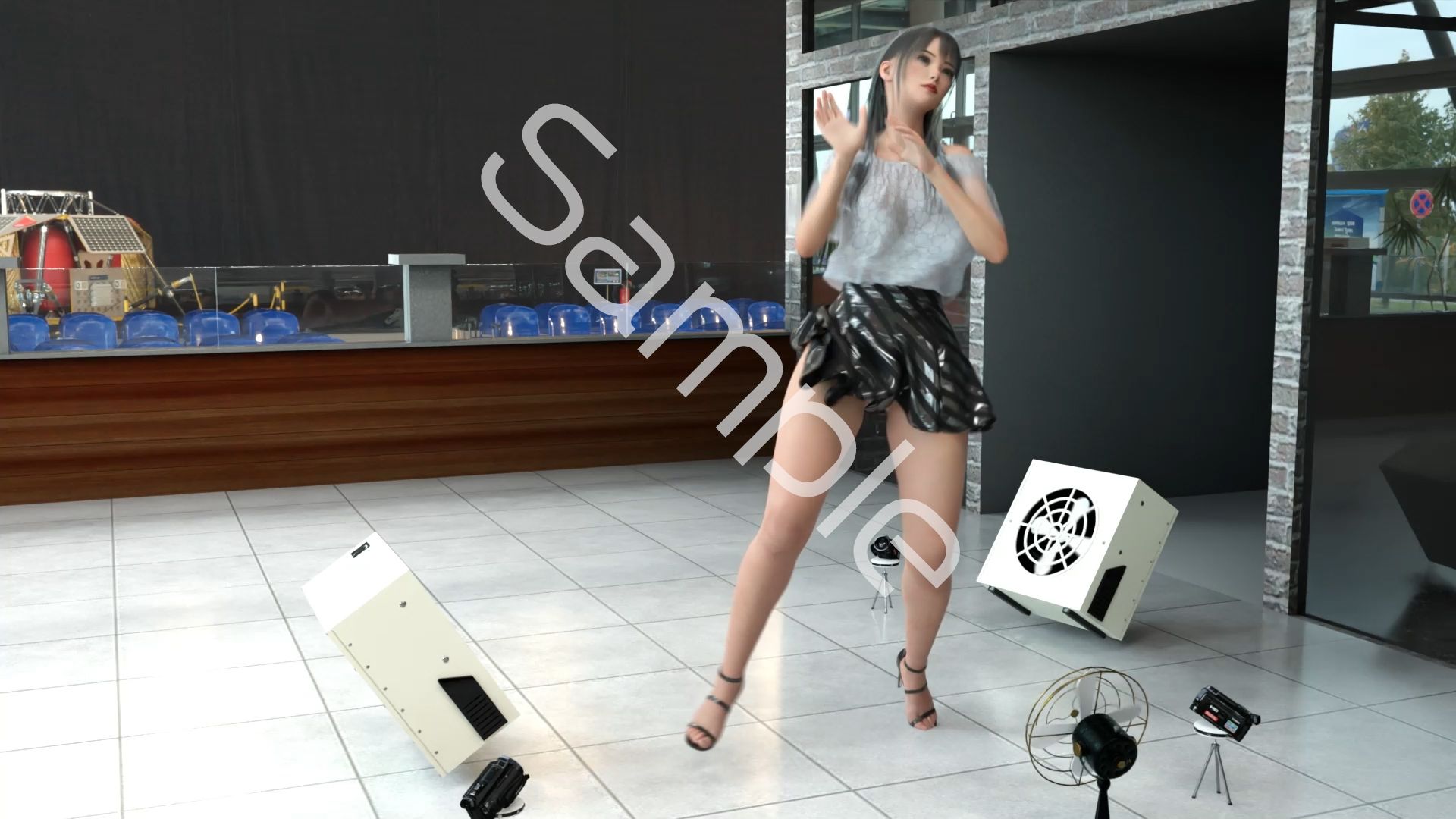 女子アナになった二階堂沙耶・早朝のニュース番組の冒頭でミニスカートでダンスすることを業務命令で強要される・ダンスVer.2:Vol.06『ただの話題作りとのことで電源OFF(のはず)のカメラが4台、ローアングルから彼女のスカート内を覗き込むように設置されている:PV06_ゼブラ柄フルバックパンティで扇風機風チラ』 画像3