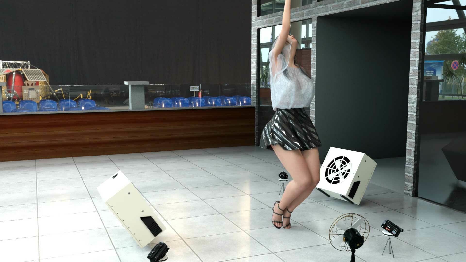 女子アナになった二階堂沙耶・早朝のニュース番組の冒頭でミニスカートでダンスすることを業務命令で強要される・ダンスVer.3:Vol.01『ただの話題作りとのことで電源OFF(のはず)のカメラが4台、ローアングルから彼女のスカート内を覗き込むように設置されている:PV01_純白Tバックパンティで扇風機風チラ』 画像6