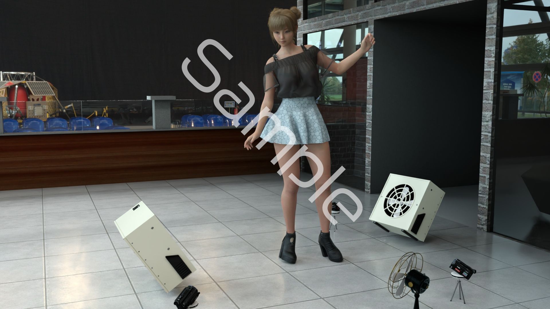 【無料エロ漫画】一ノ瀬廻里・自分がパーソナリティのラジオ番組の冒頭でミニスカートでダンスすることを業務命令で強要される:Vol.001『ただの話題作りとのことで電源OFF（のはず）のカメラが4台、ローアングルから彼女のスカート内を覗き込むように設置されている』(Libido-Labo) d_707863