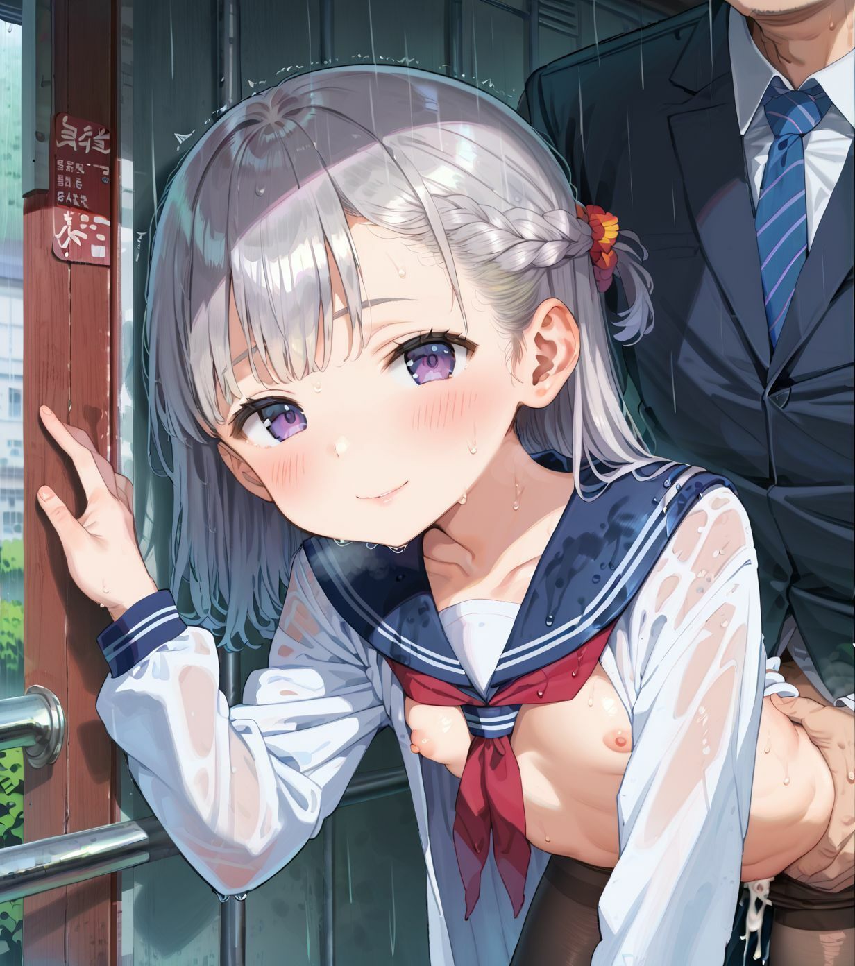 制服ちっぱい少女、バス停で雨宿り011