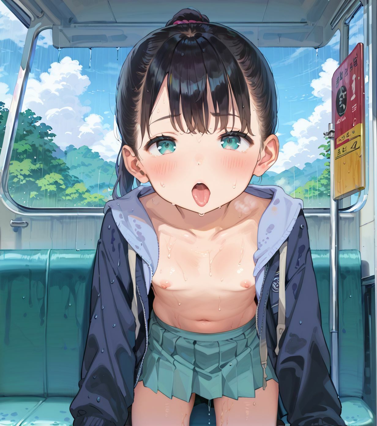 制服ちっぱい少女、バス停で雨宿り012