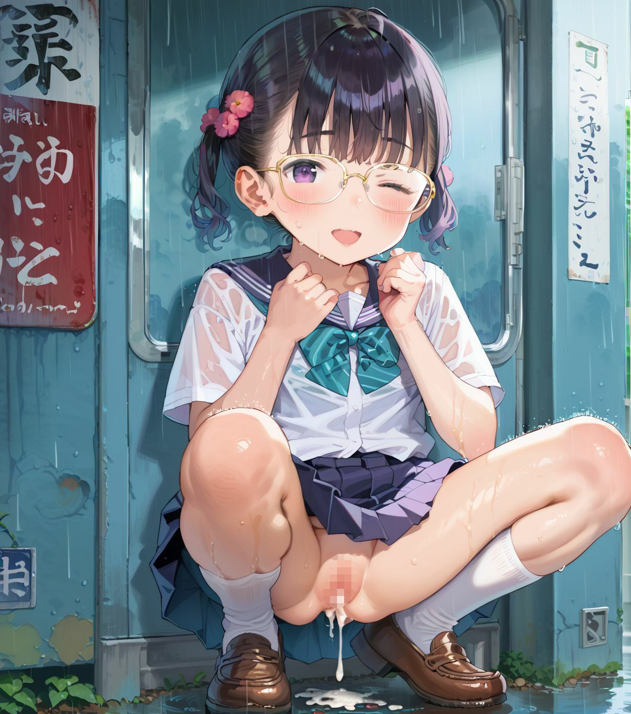 制服ちっぱい少女、バス停で雨宿り014