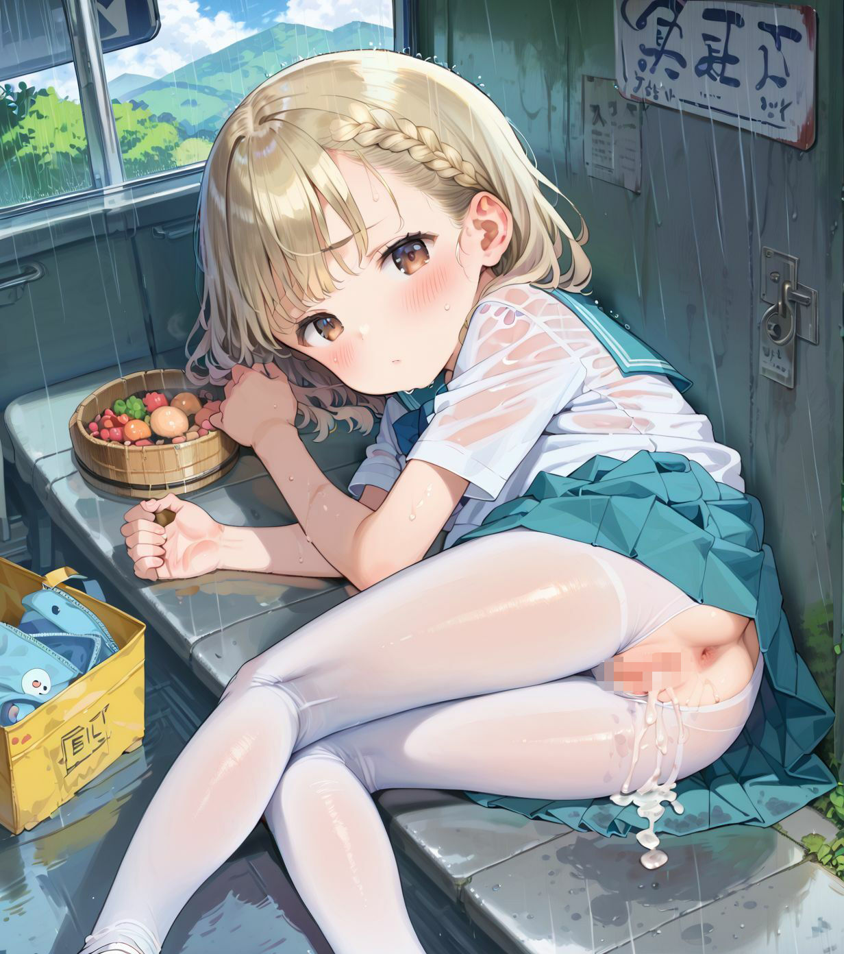 制服ちっぱい少女、バス停で雨宿り016