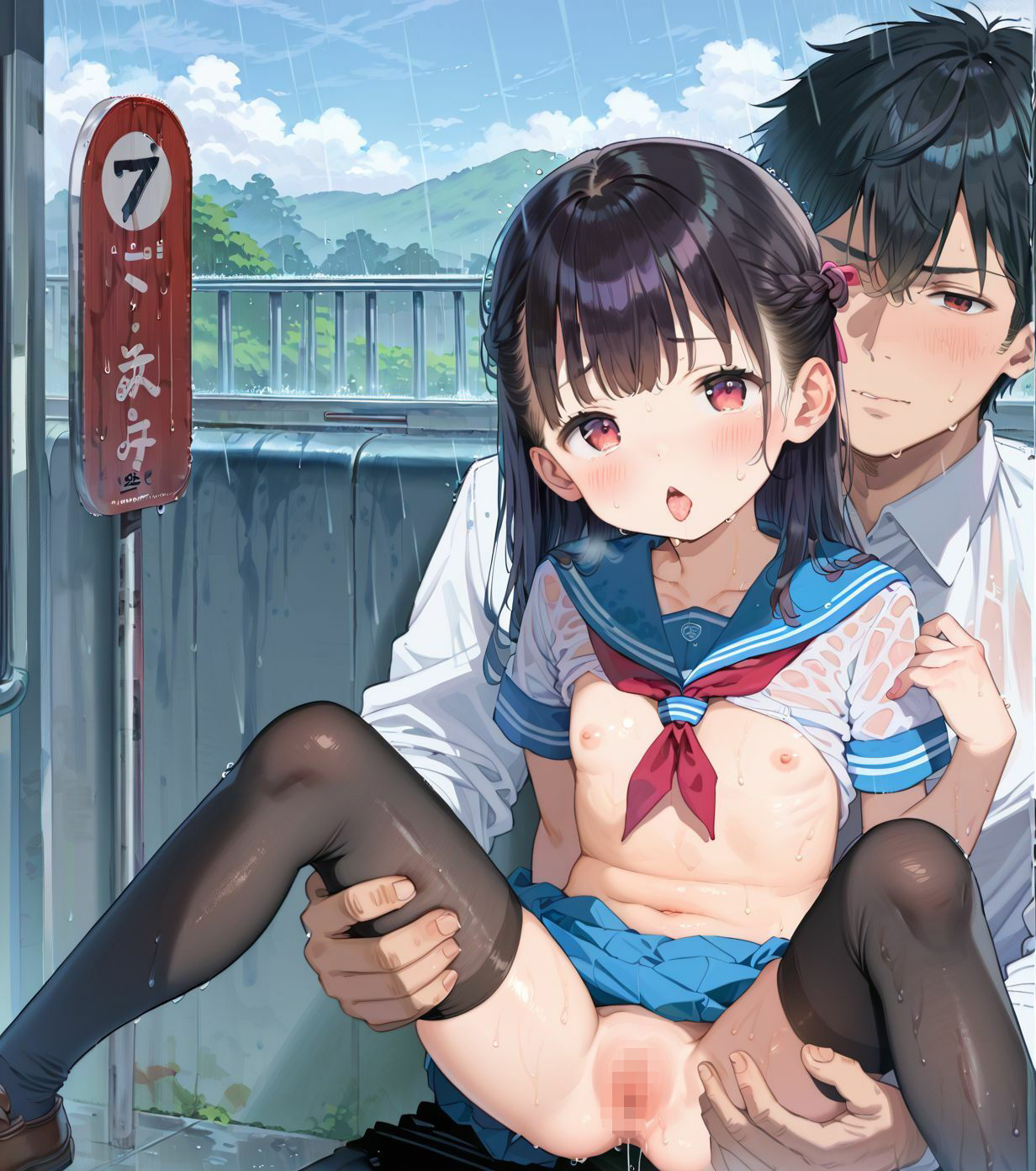 制服ちっぱい少女、バス停で雨宿り017