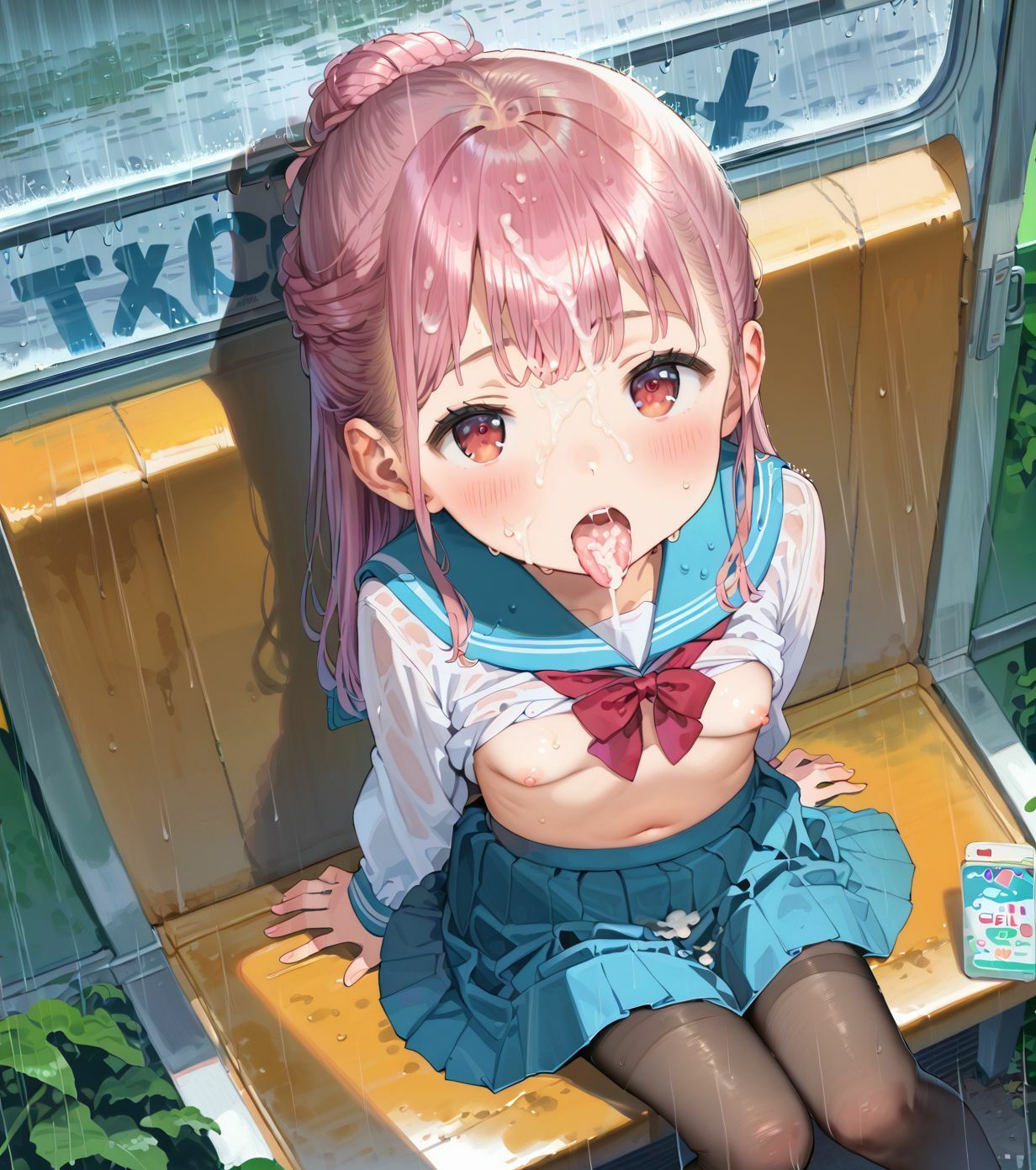 制服ちっぱい少女、バス停で雨宿り018