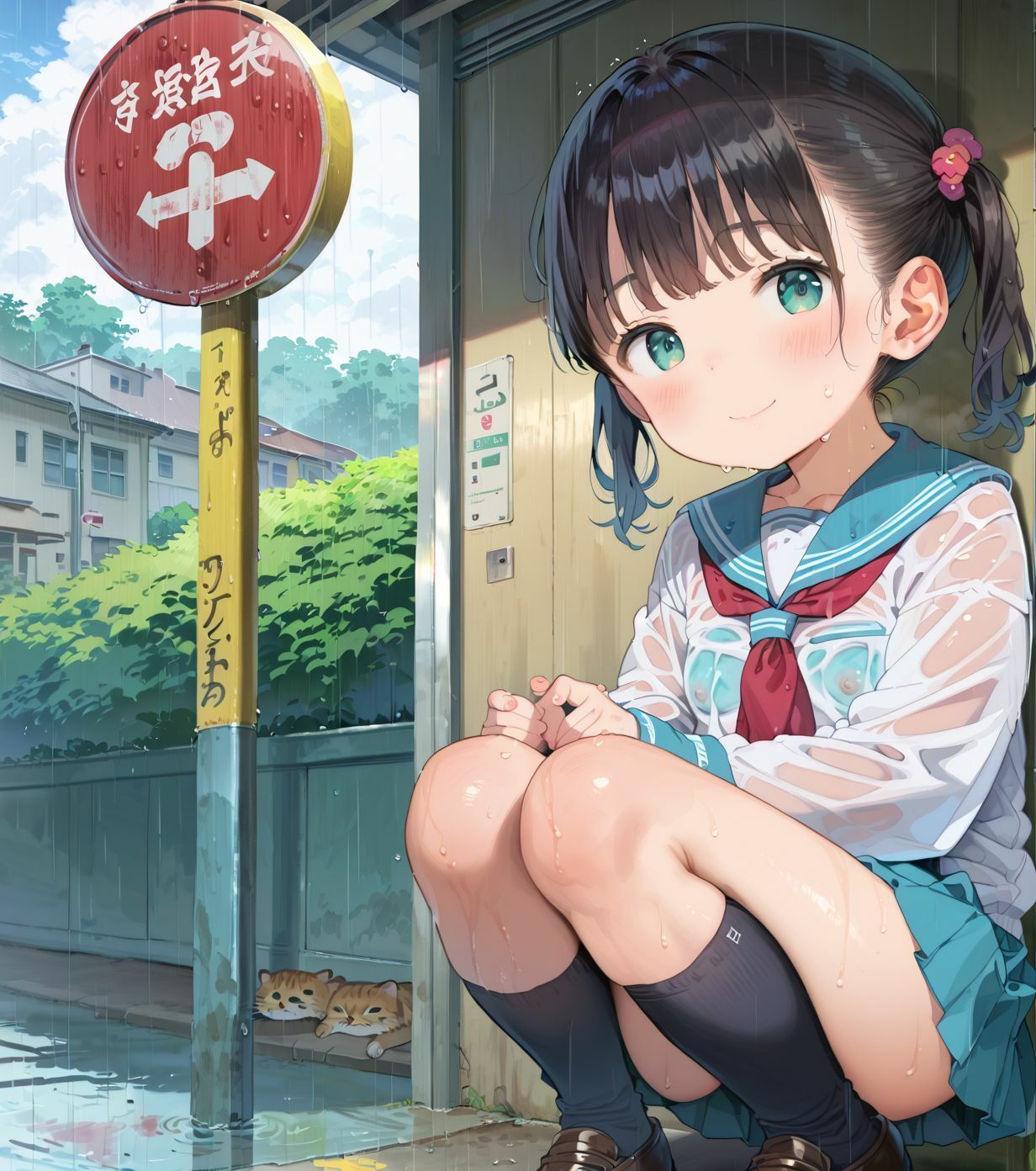 制服ちっぱい少女、バス停で雨宿り0110