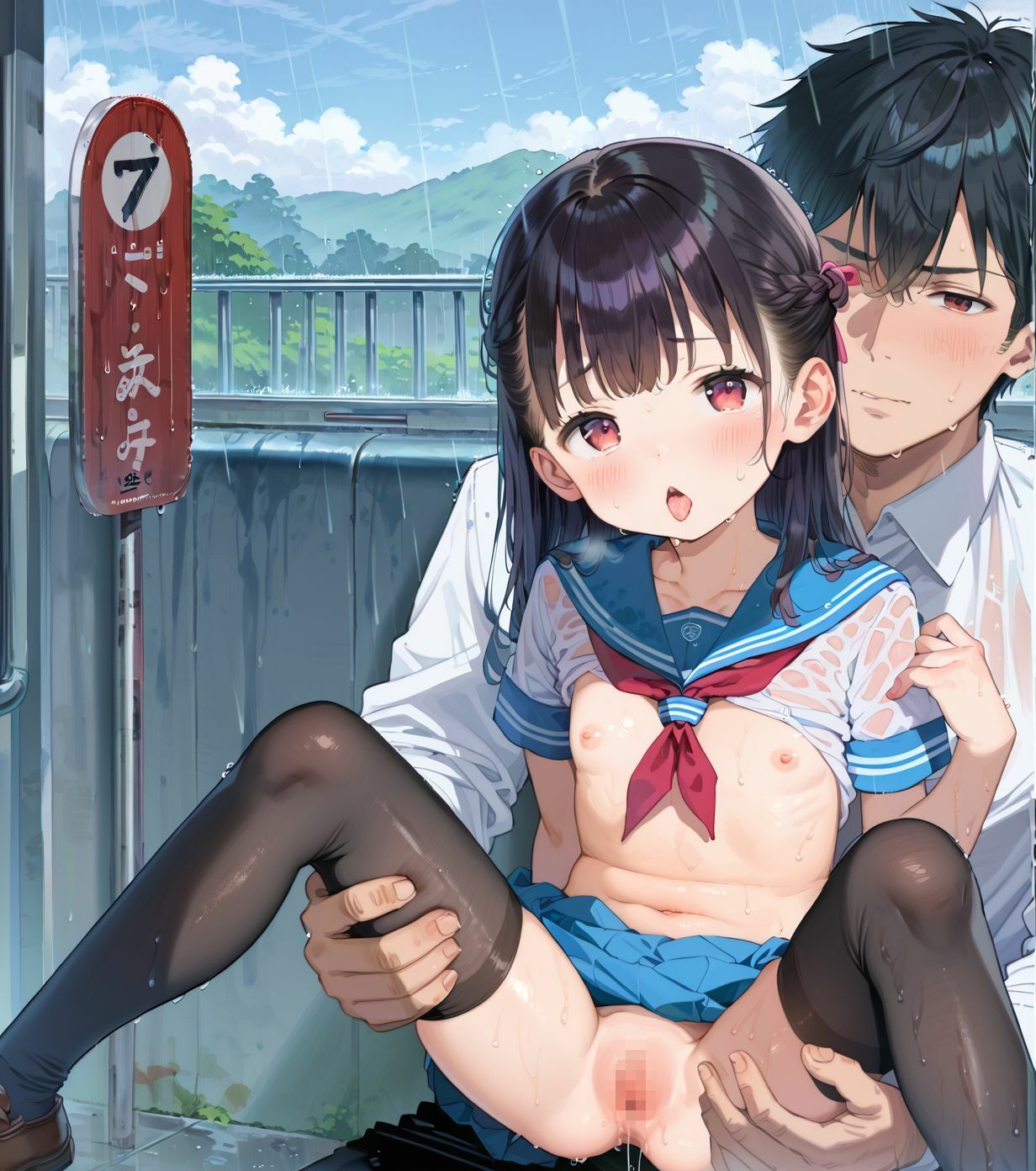 制服ちっぱい少女、バス停で雨宿り02 画像1