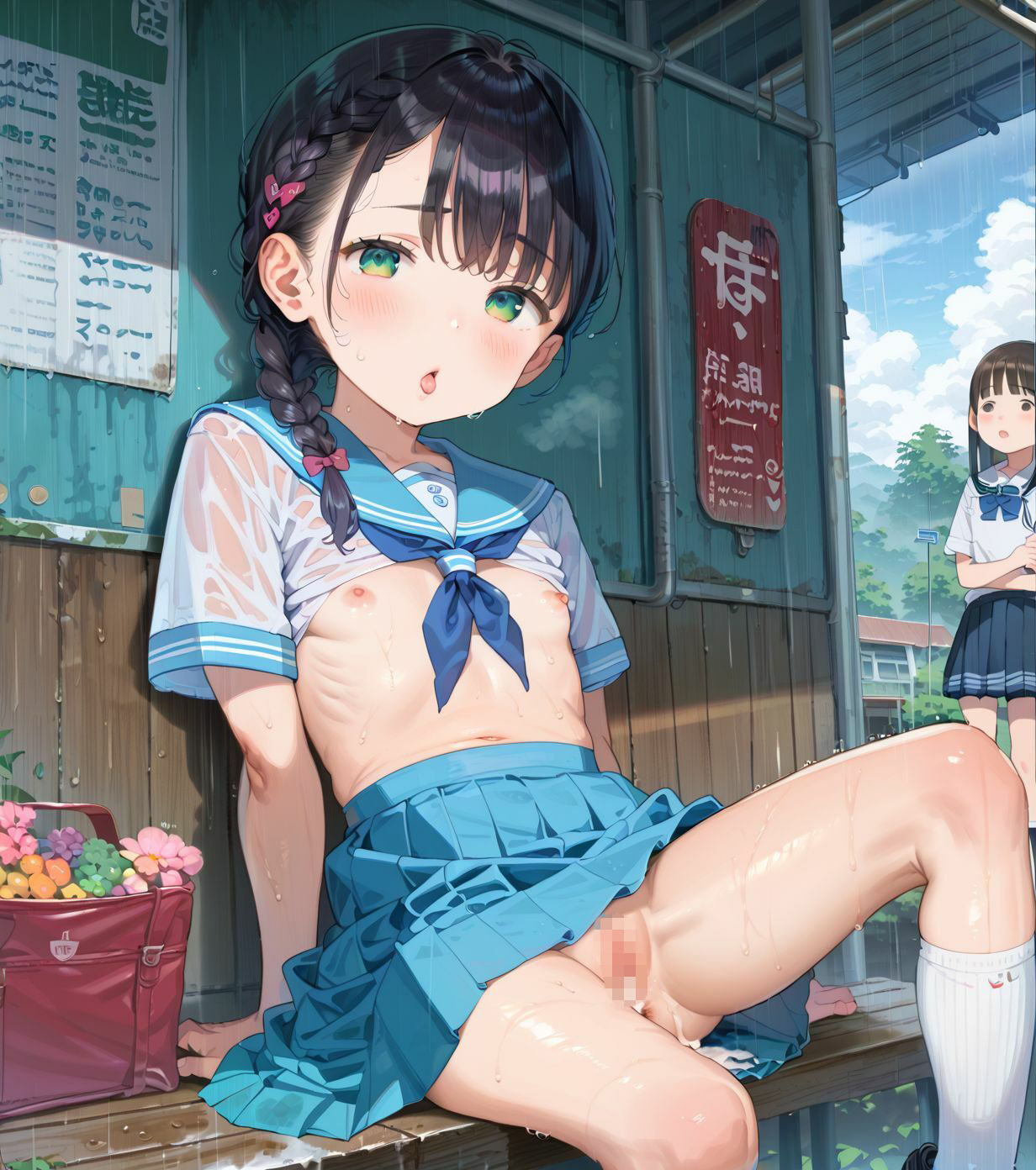 制服ちっぱい少女、バス停で雨宿り032