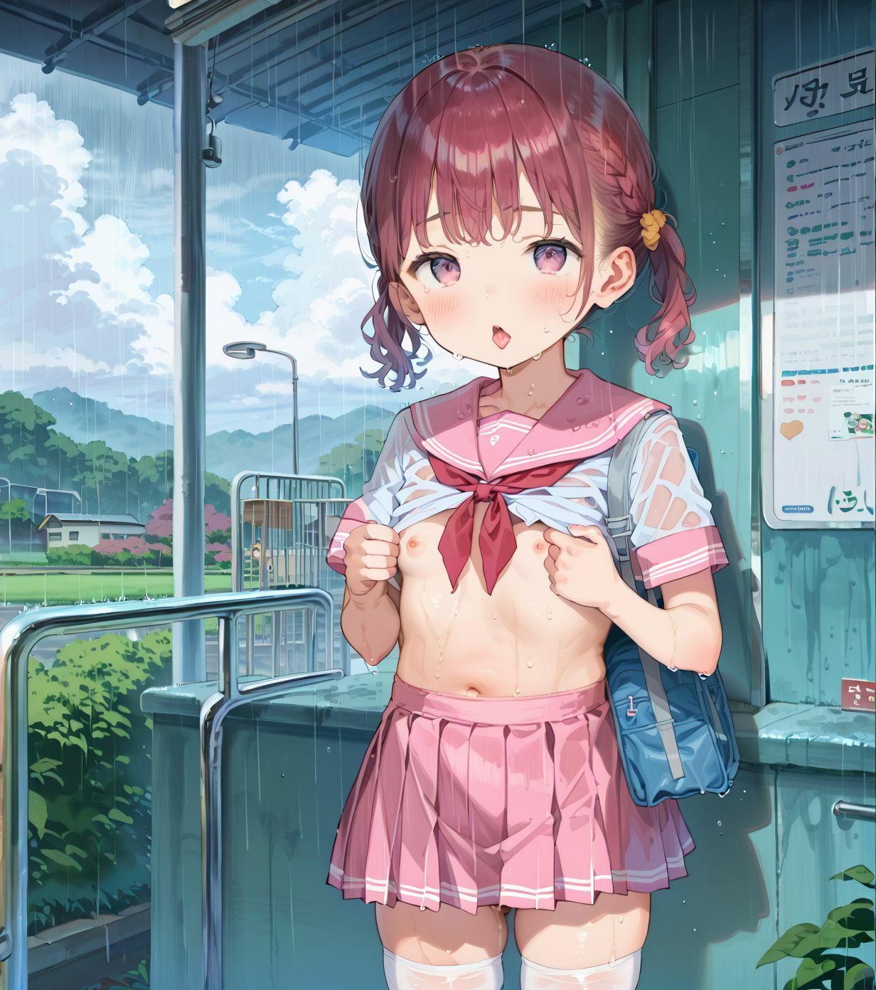 制服ちっぱい少女、バス停で雨宿り033