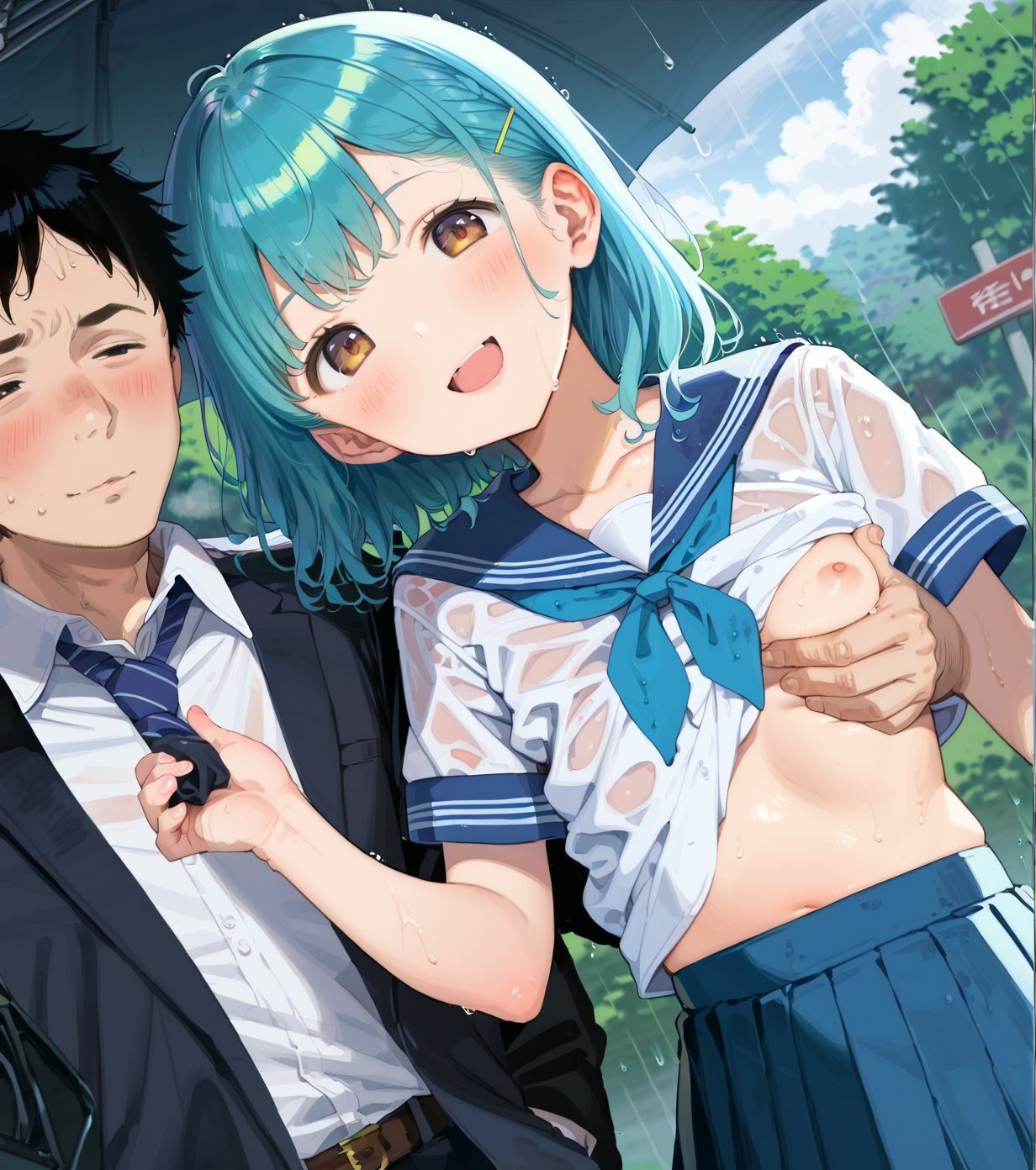 制服ちっぱい少女、バス停で雨宿り034