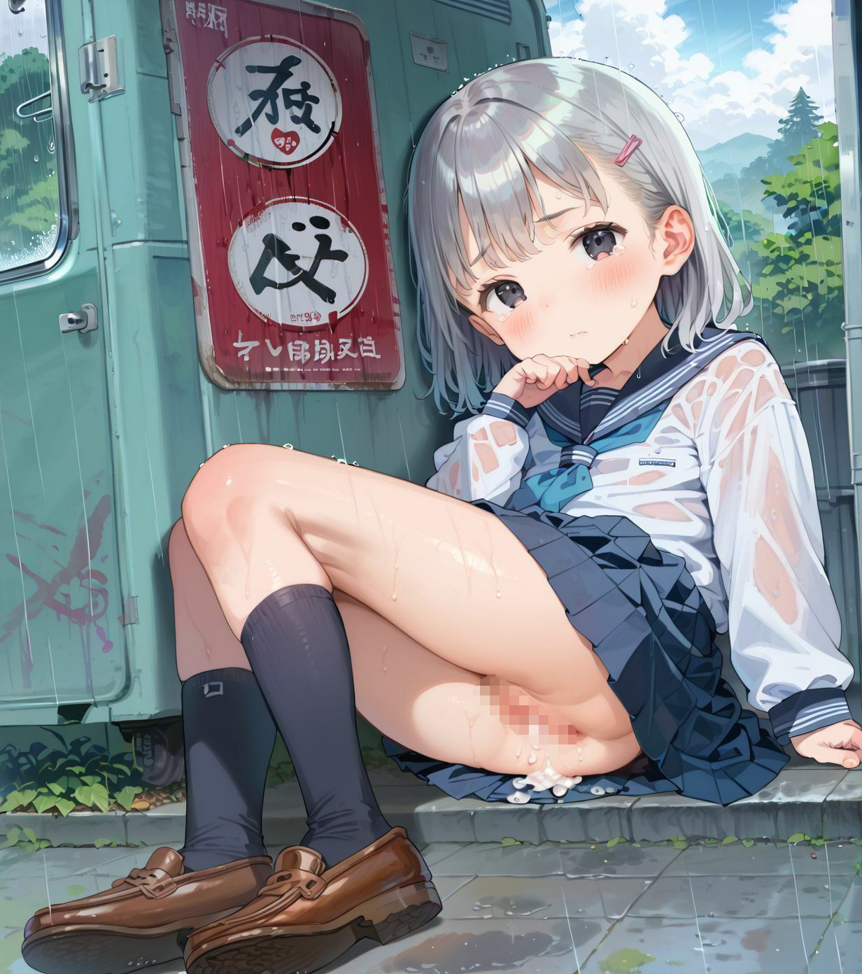 制服ちっぱい少女、バス停で雨宿り036