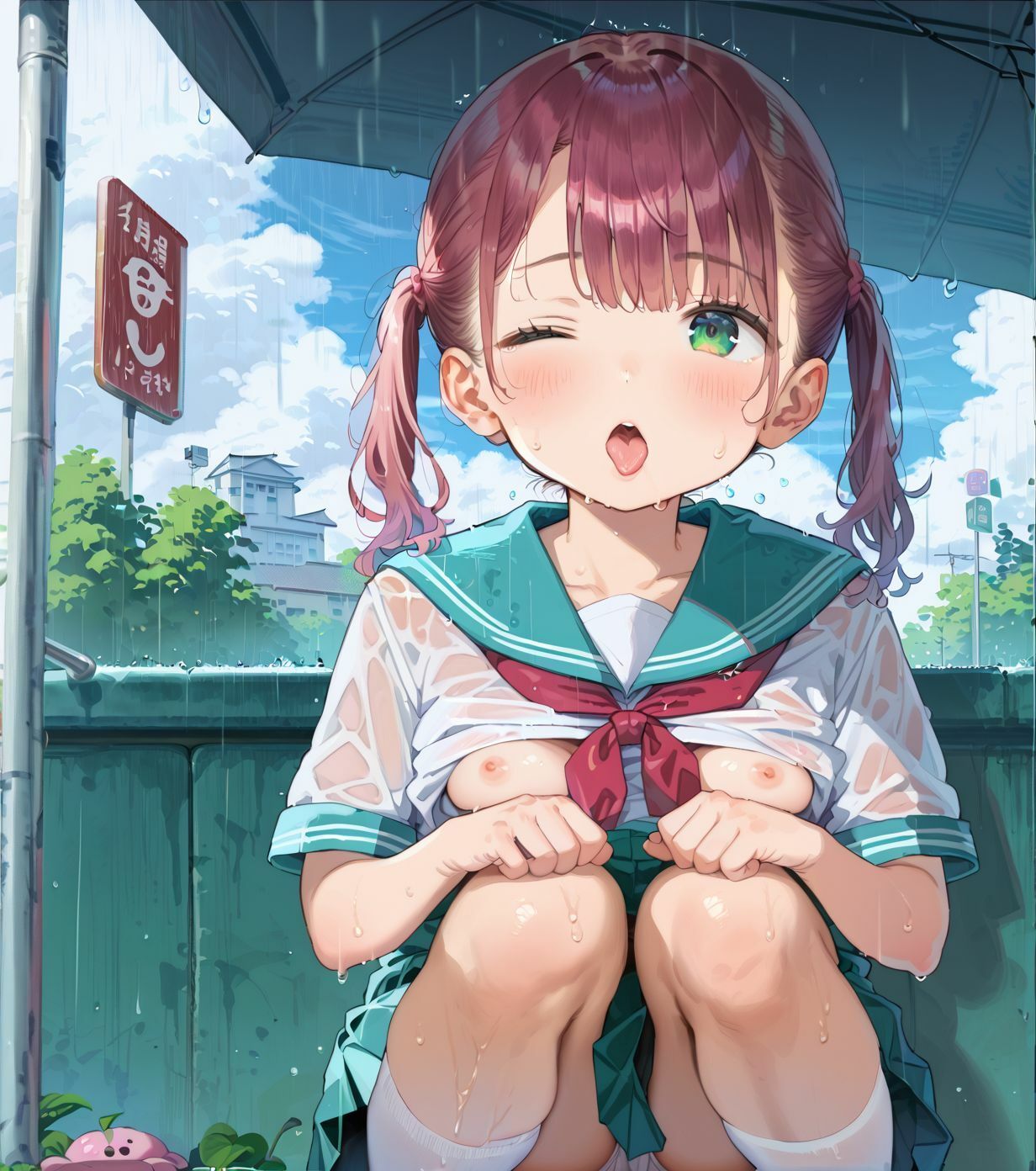 制服ちっぱい少女、バス停で雨宿り0310