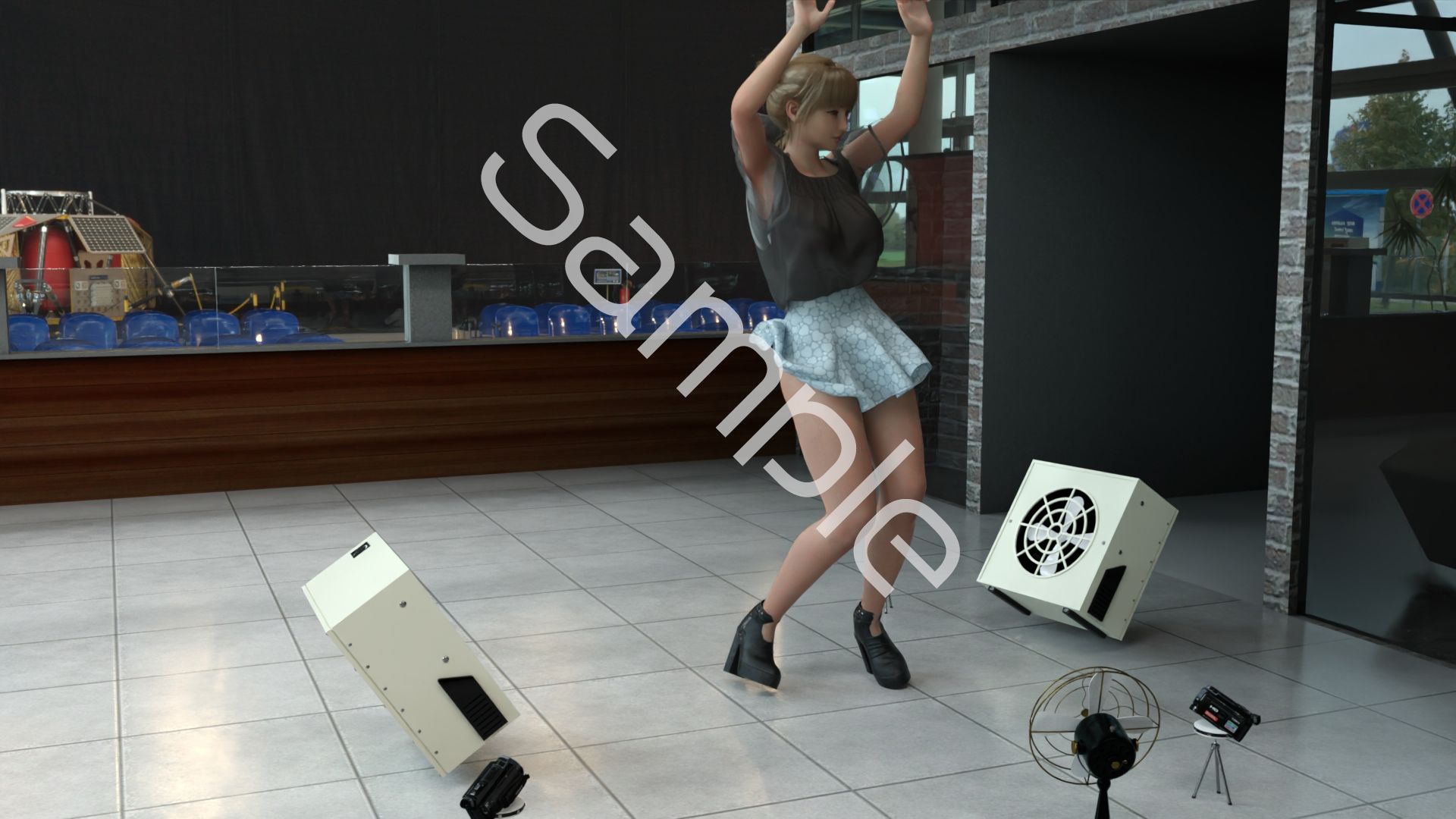 一ノ瀬廻里・自分がパーソナリティのラジオ番組の冒頭でミニスカートでダンスすることを業務命令で強要される:Vol.003『ただの話題作りとのことで電源OFF（のはず）のカメラが4台、ローアングルから彼女のスカート内を覗き込むように設置されている（水玉柄黒サテン地パンティ』 画像5