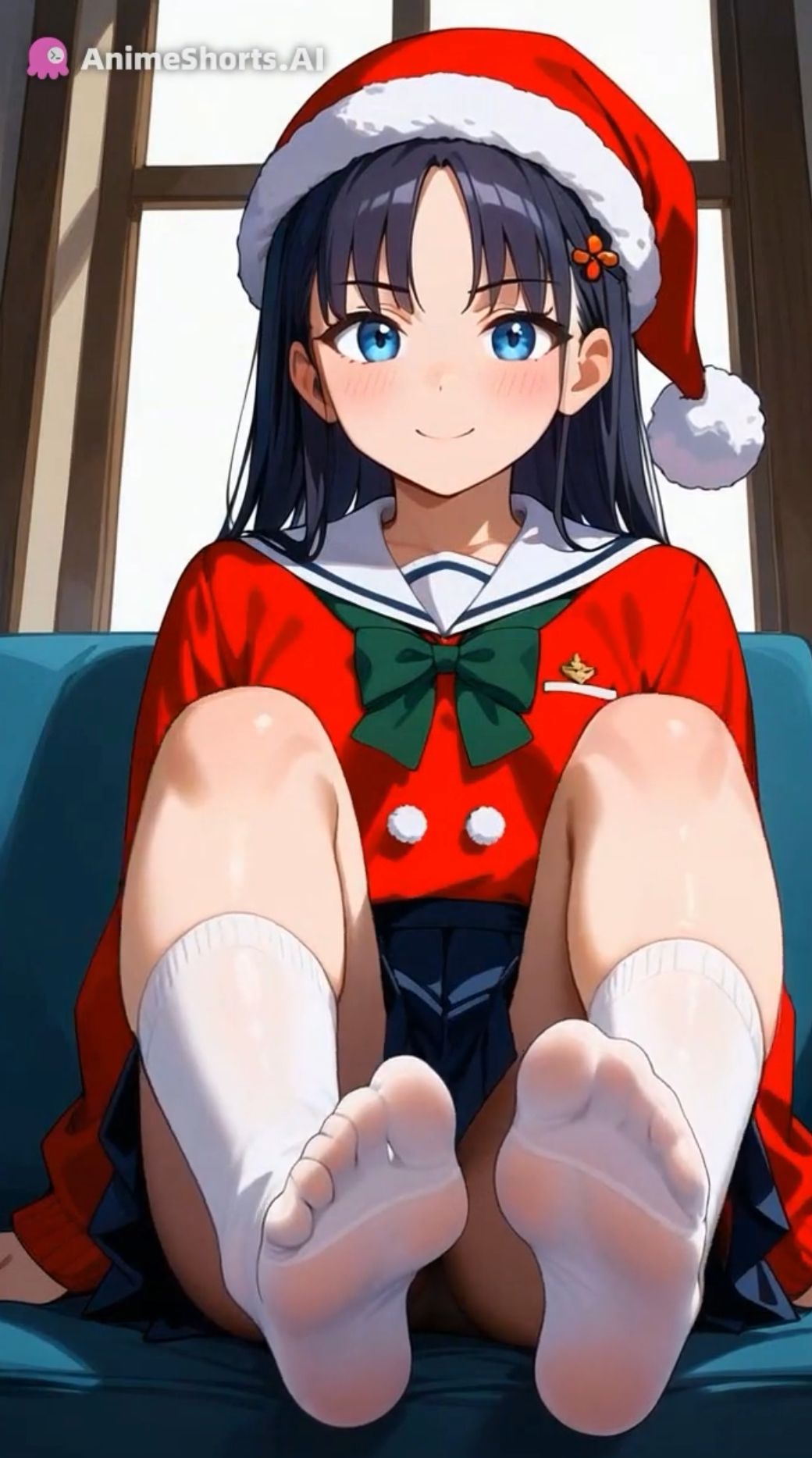 サンプル画像4:【セリフ音声付きアニメ3分1秒】足コキでオナサポ！冬のミニスカ制服！太もも、足の裏、靴下、素脚、パンチラ(ひろぴょん工房) [d_709144]