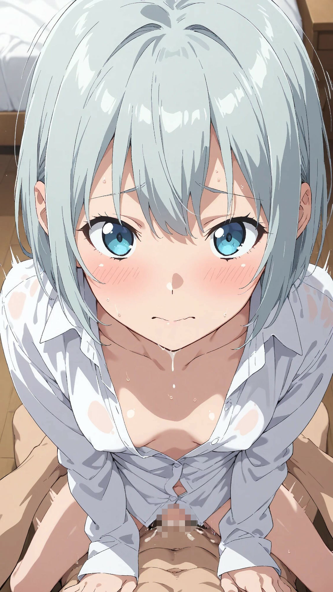 【画風変更】スレンダー裸ワイシャツ美少女との甘いひと時1