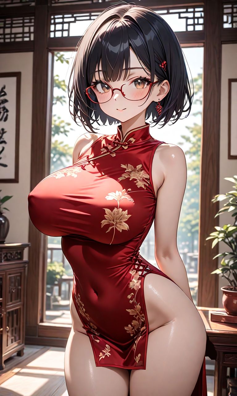 黒髪メガネ巨乳チャイナ服 画像1