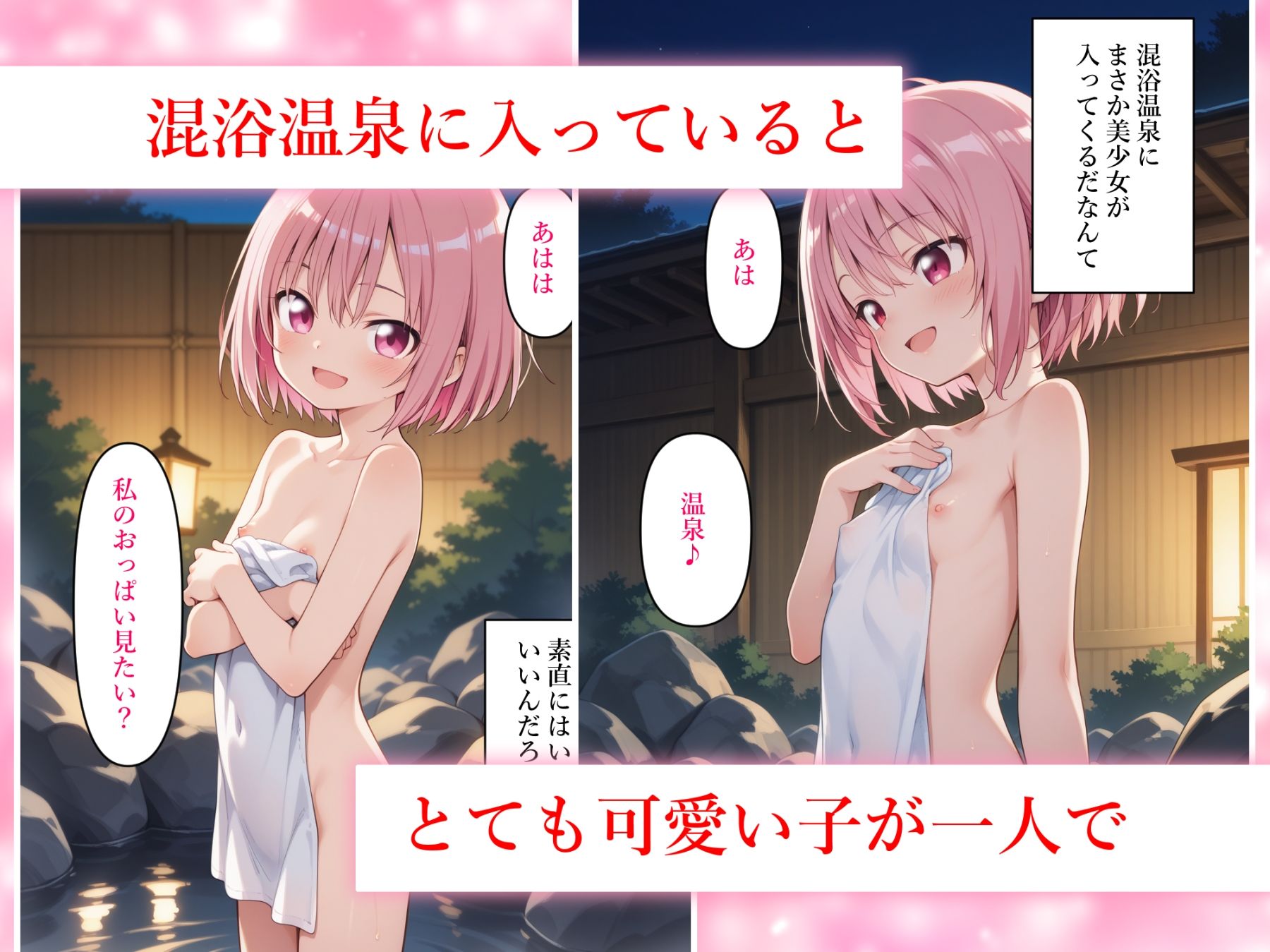 【エロ漫画】ピンクショートヘアの可愛い子に混浴温泉で楽しそうに絞り取られる1