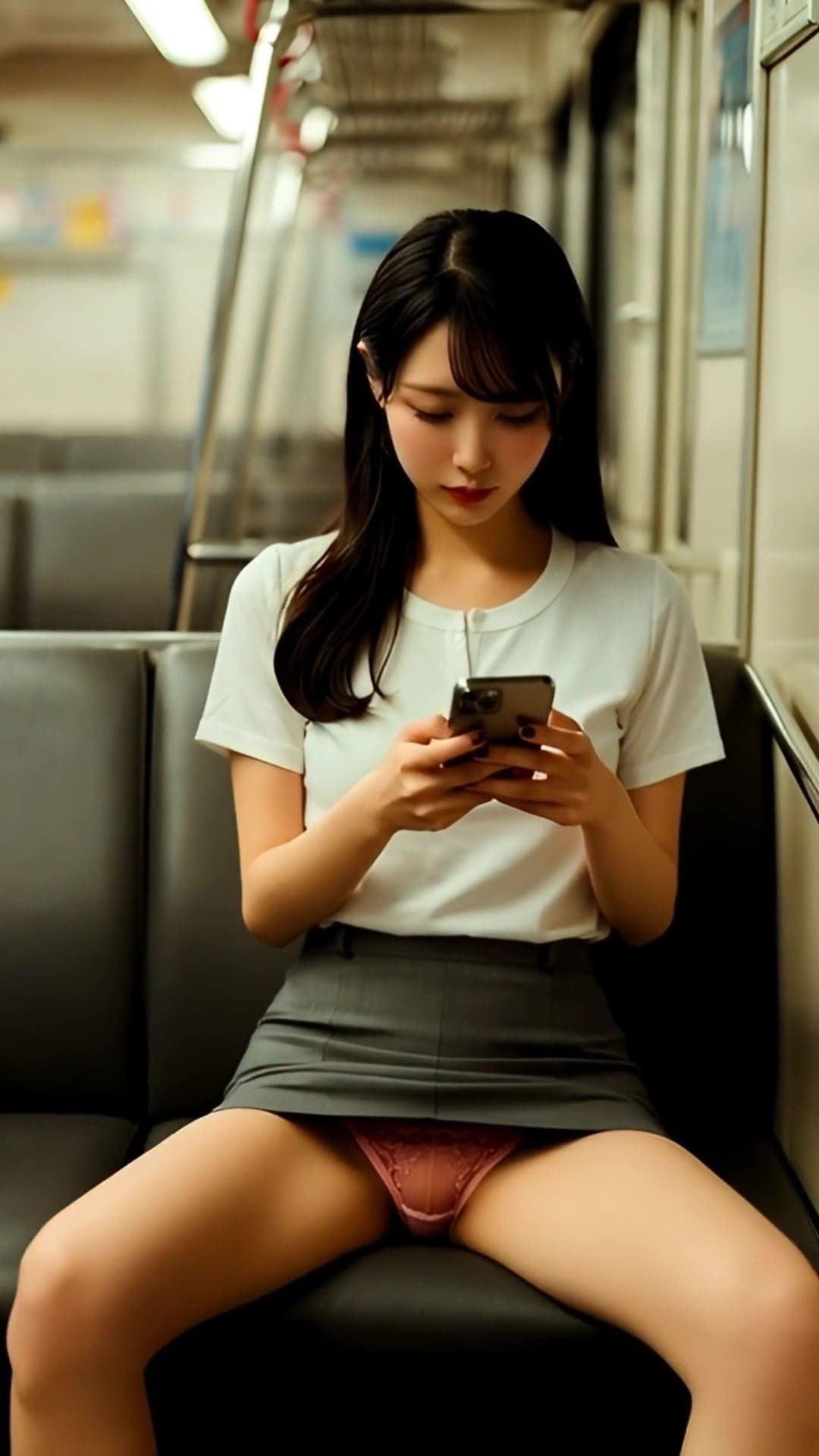サンプル画像2:揺れる電車内、スマホに夢中な女子たちの無防備に開く美脚からパンチラ拝見！(エイトランド) [d_714439]