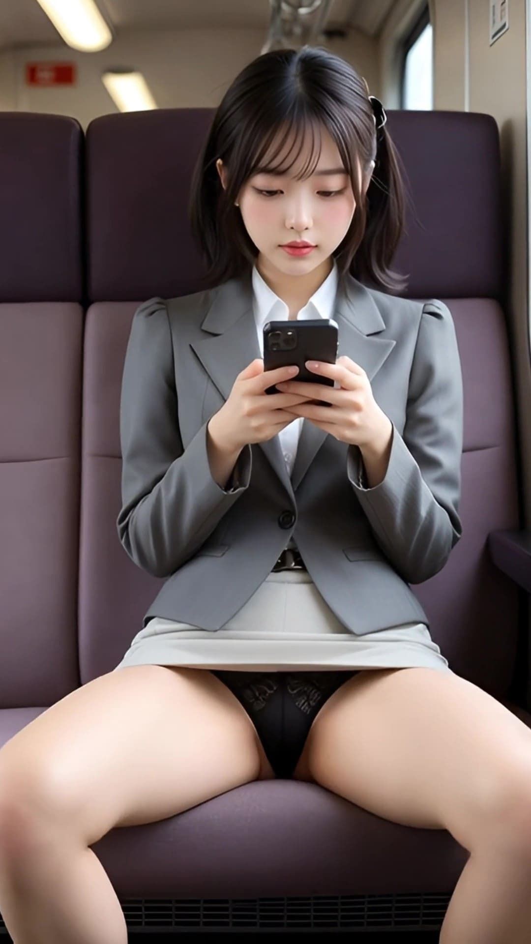 サンプル画像4:揺れる電車内、スマホに夢中な女子たちの無防備に開く美脚からパンチラ拝見！(エイトランド) [d_714439]
