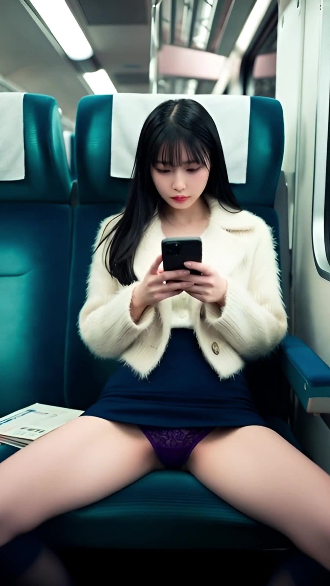 サンプル画像5:揺れる電車内、スマホに夢中な女子たちの無防備に開く美脚からパンチラ拝見！(エイトランド) [d_714439]