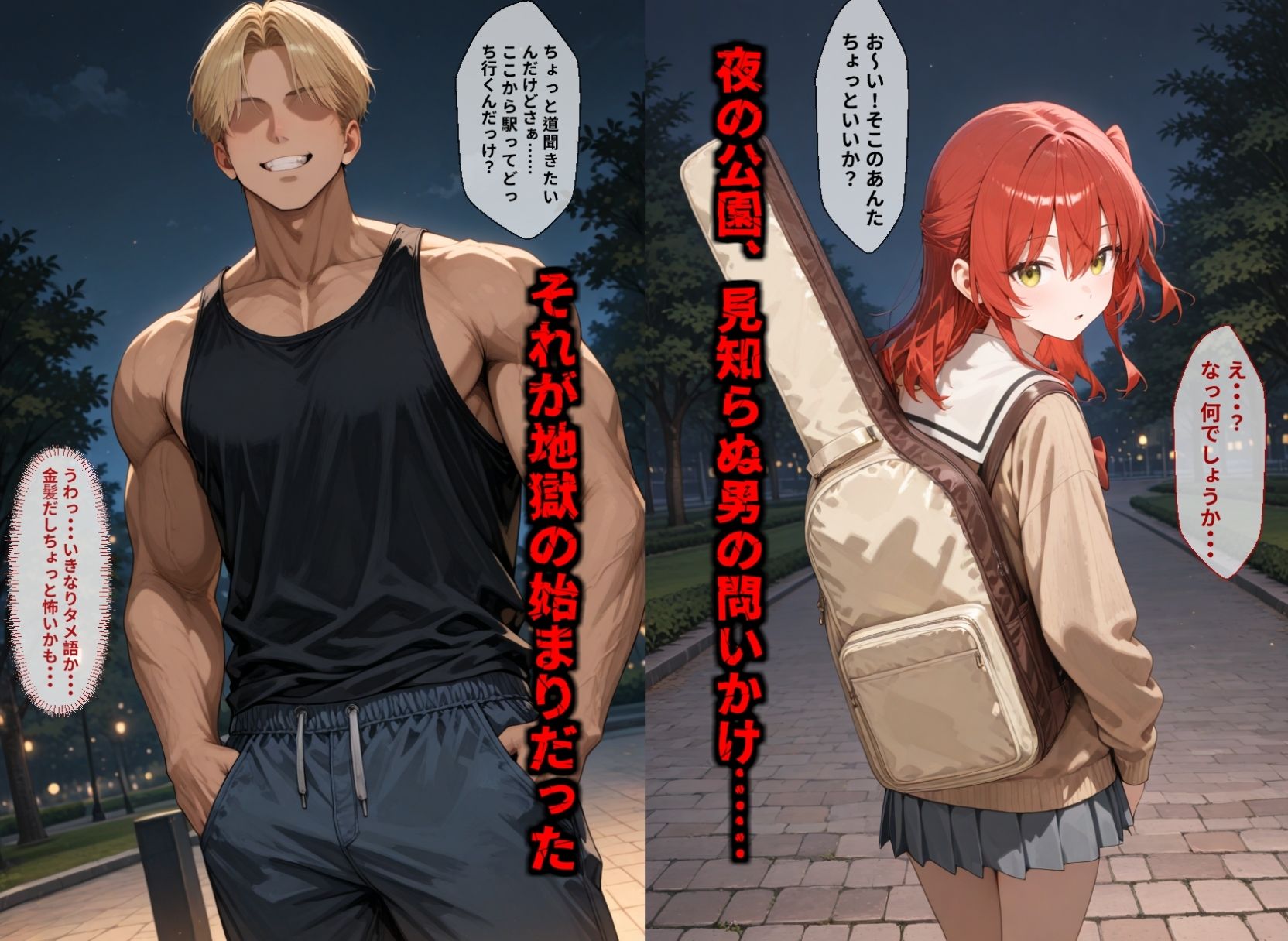 サンプル画像1:【セリフ付き画像集】純潔崩壊 喜〇郁代 前編 ライブで輝く彼女が夜の公園で見る絶望 〜人気ギターボーカル秘密の帰路〜(かわいそ工房) [d_718161]